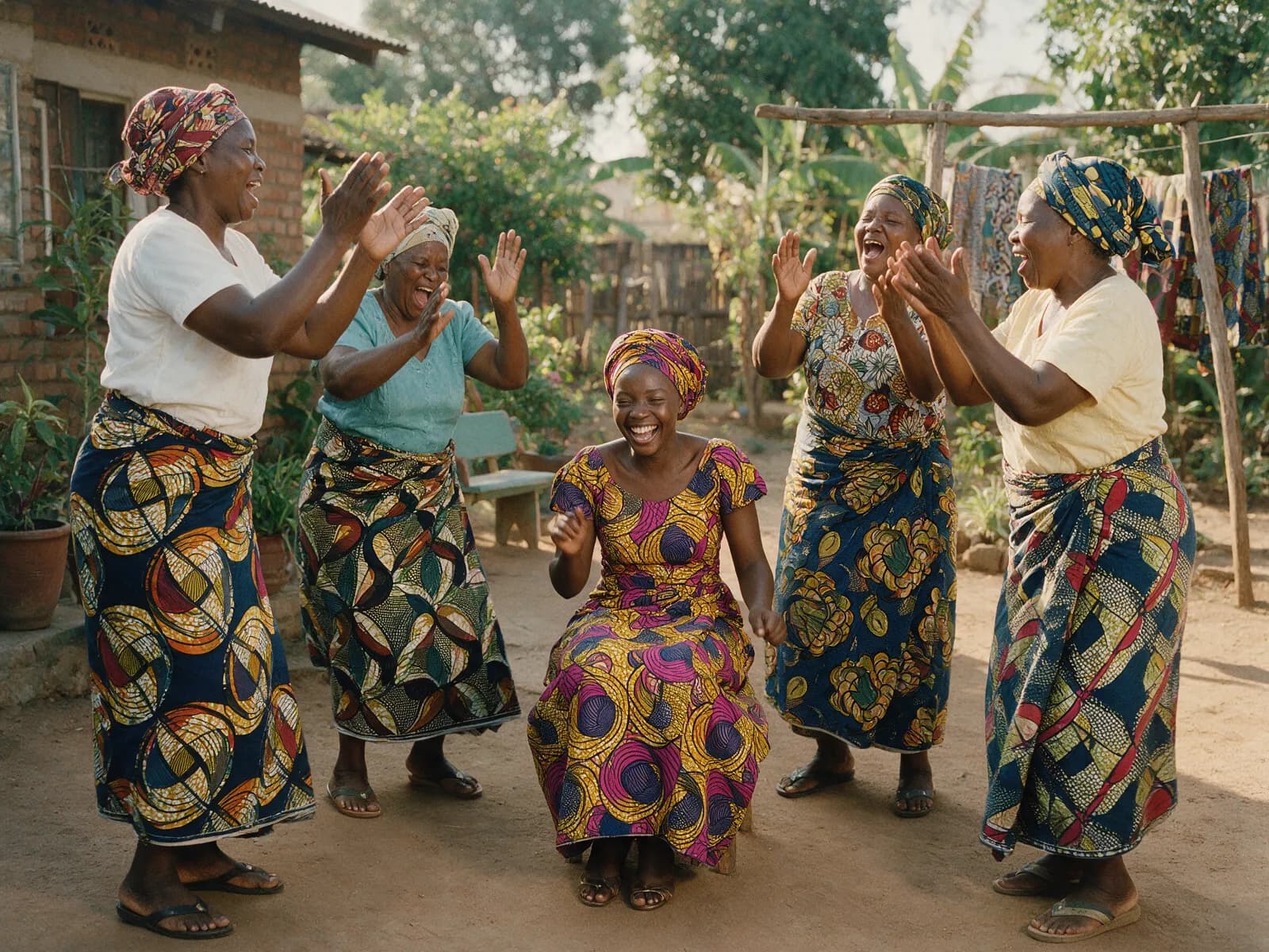 Mwenya’s aunties dancing and clapping around her in the courtyard