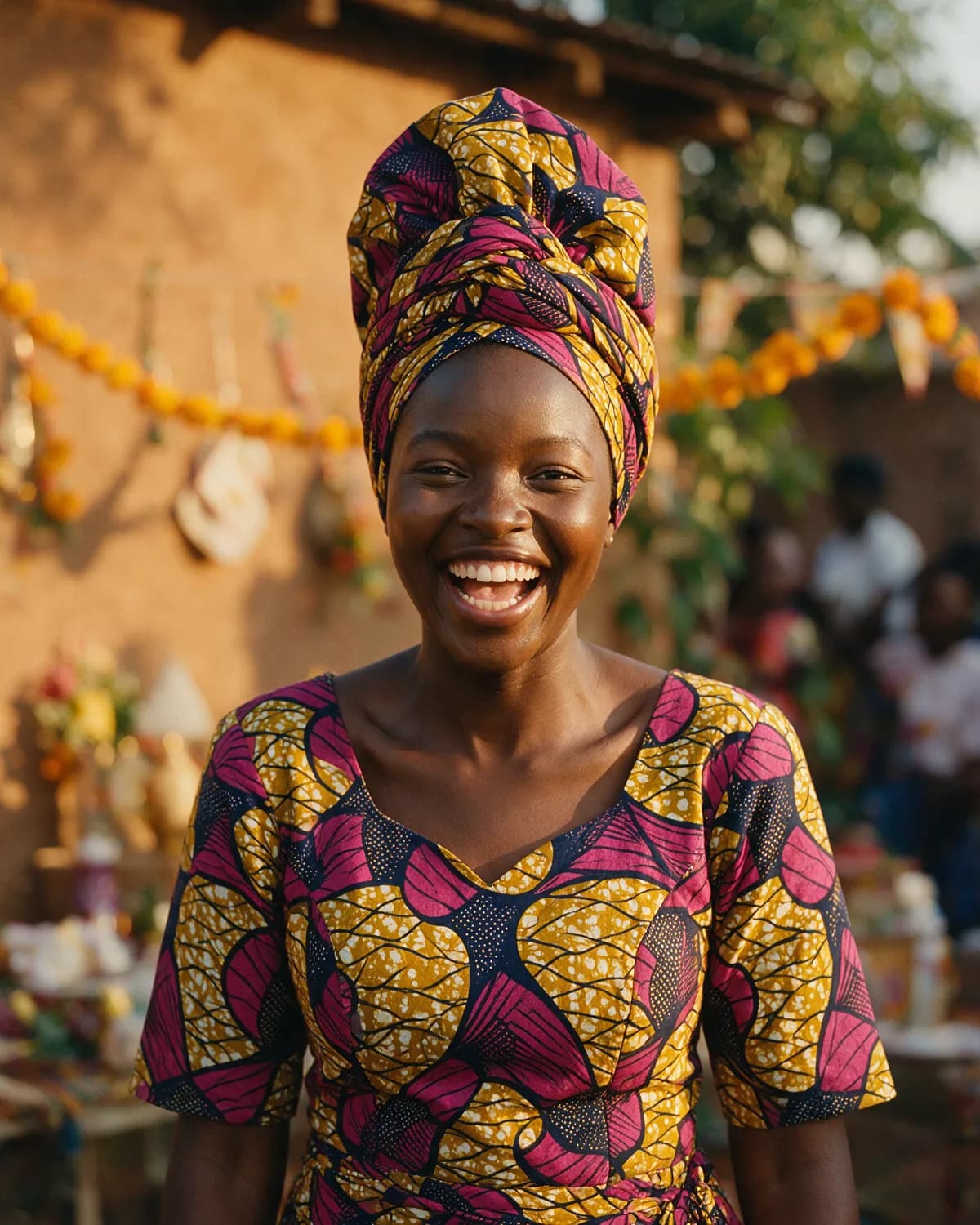 Mwenya in her chitenge and head-wrap, laughing