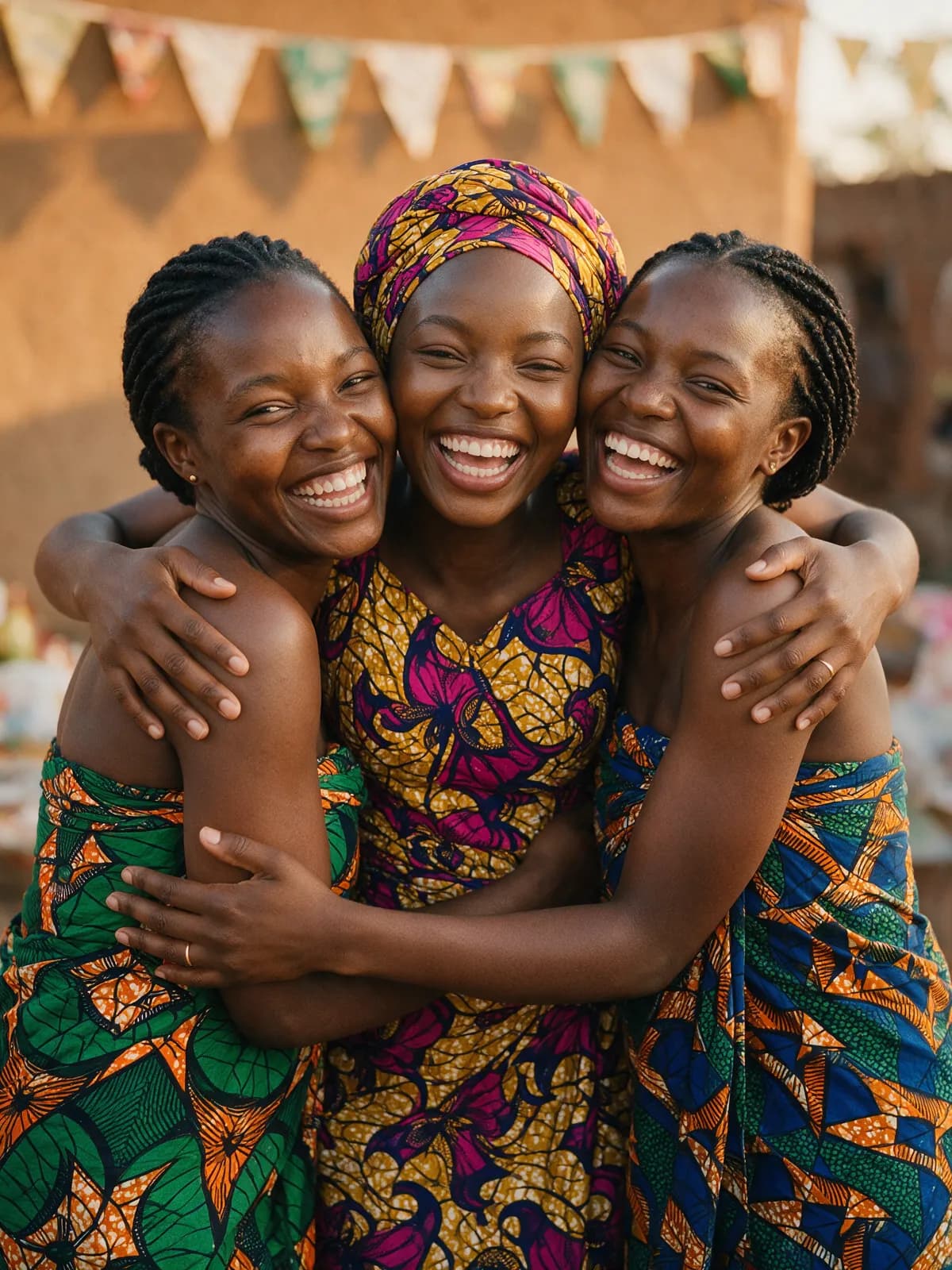 Mwenya hugging two of her friends, all three laughing