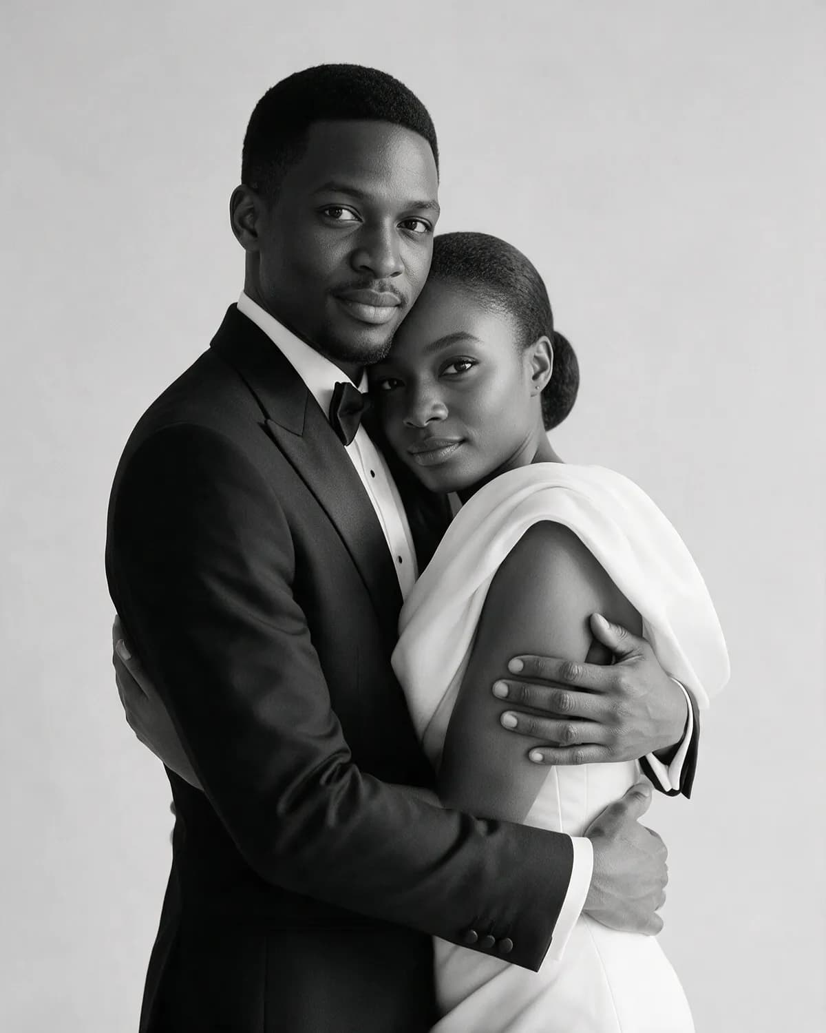Mutinta and Kabwe embrace, looking at the camera, in black and white