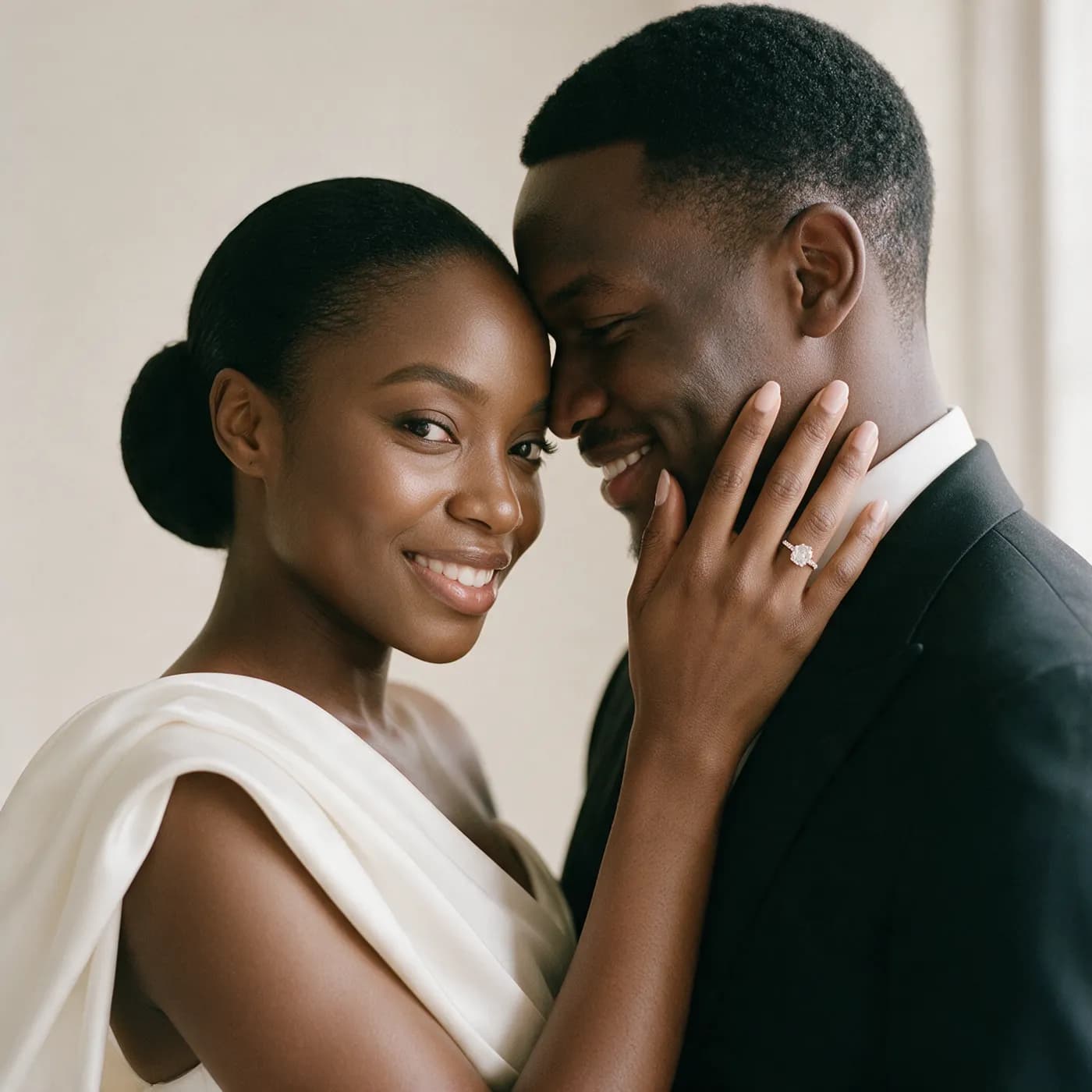 Mutinta and Kabwe, foreheads touching, her ring hand on his cheek