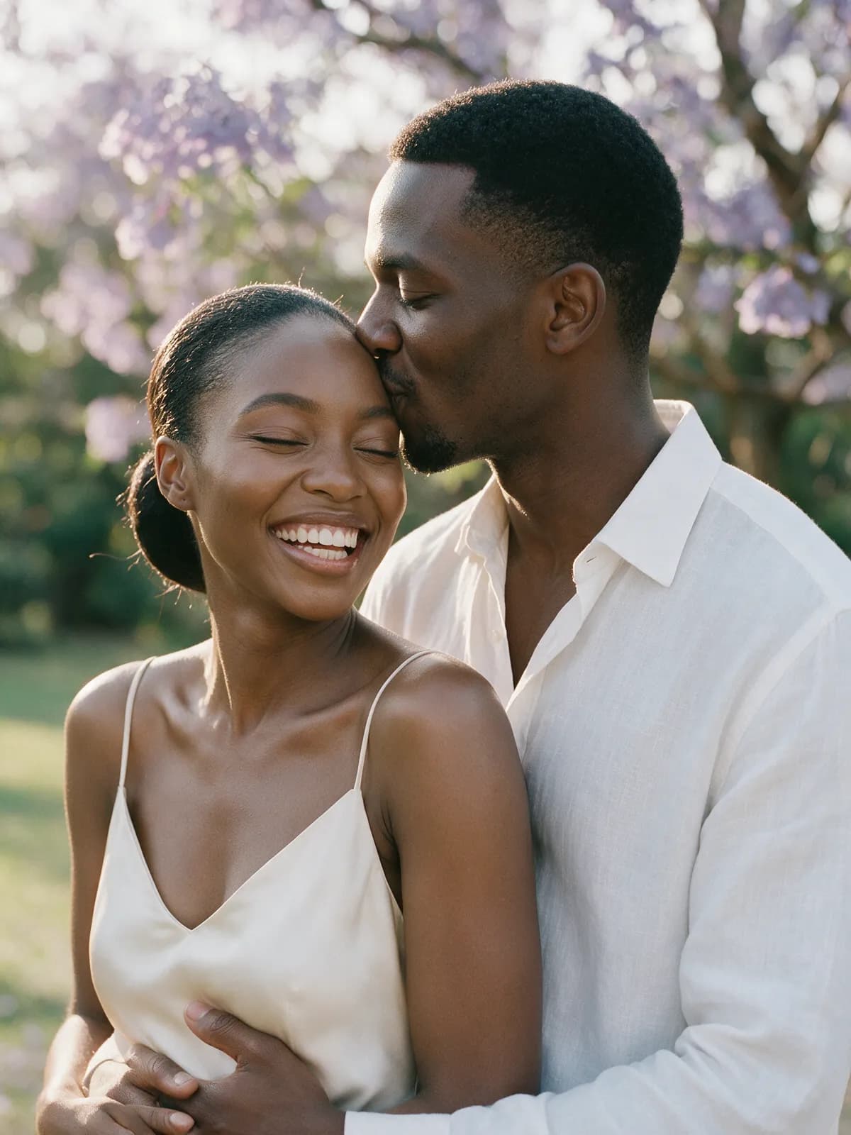 Kabwe kisses Mutinta’s forehead under a jacaranda while she laughs