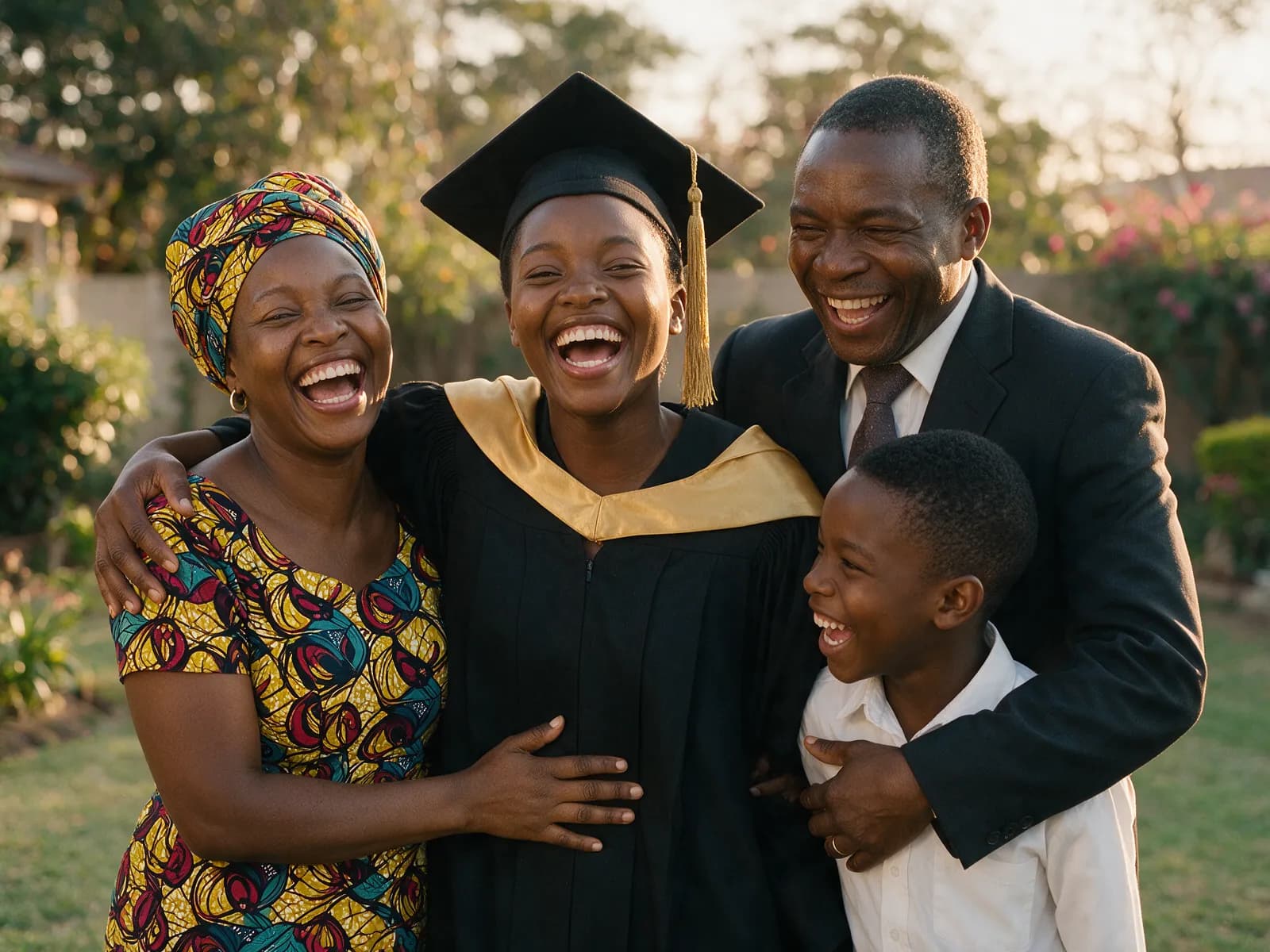 Mwila in her gown with her mother, father and younger brother