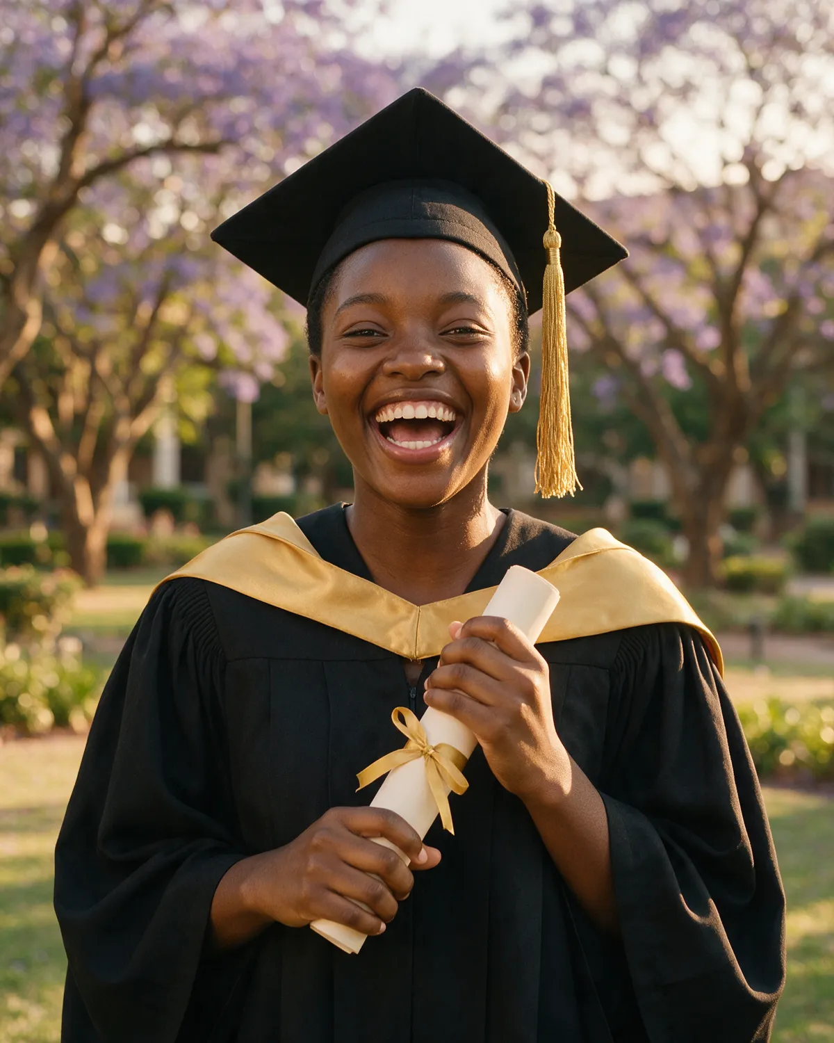 Mwila in her gown and cap, laughing, her diploma in her hands