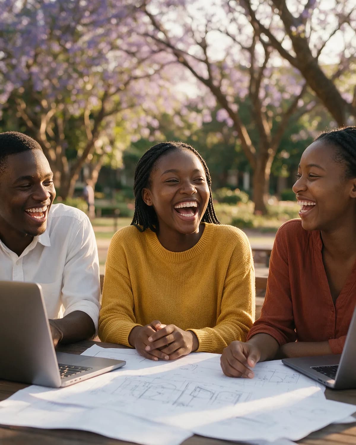 Mwila studying under a jacaranda tree with two friends