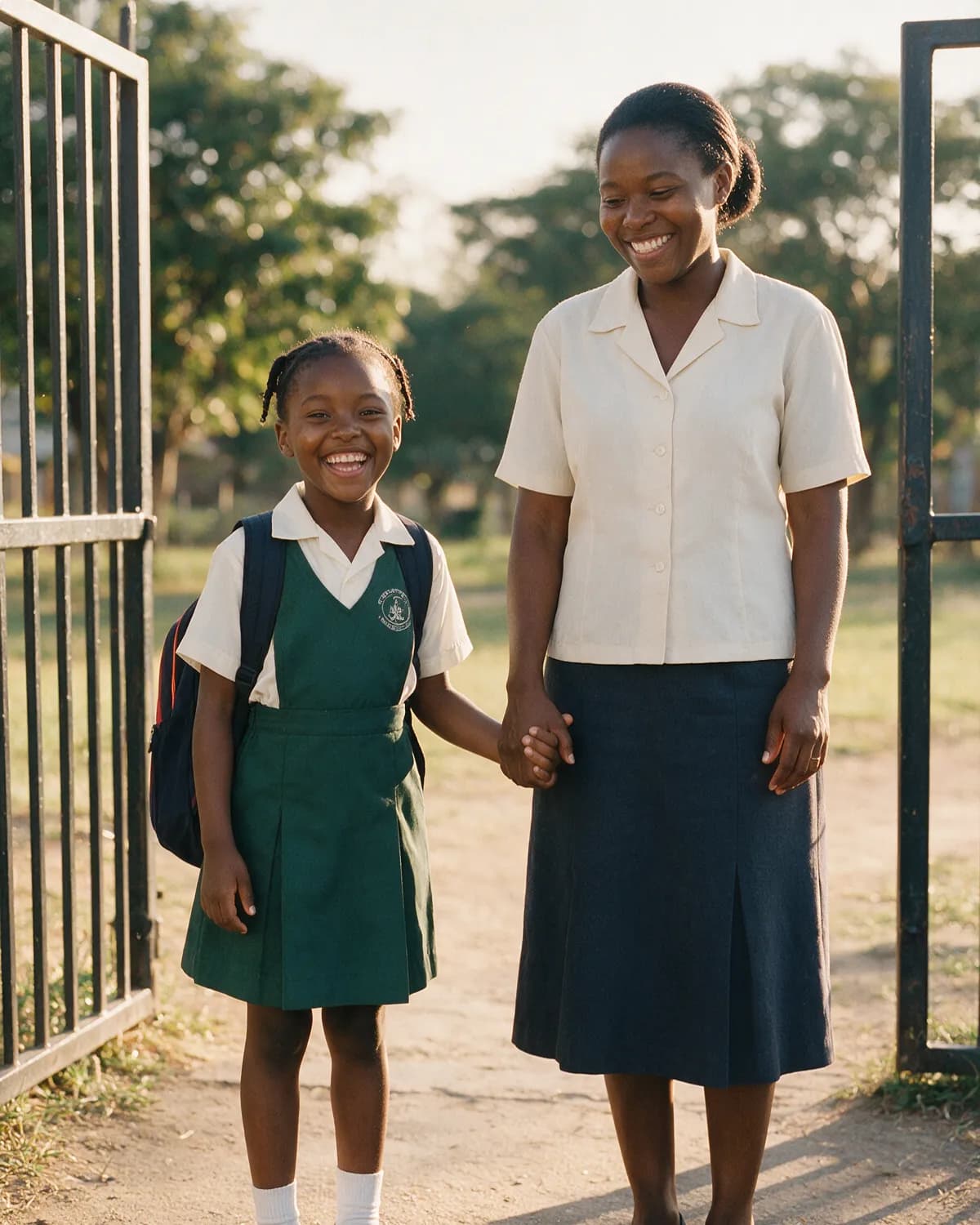 Mwila at six, holding her mother’s hand at the school gate
