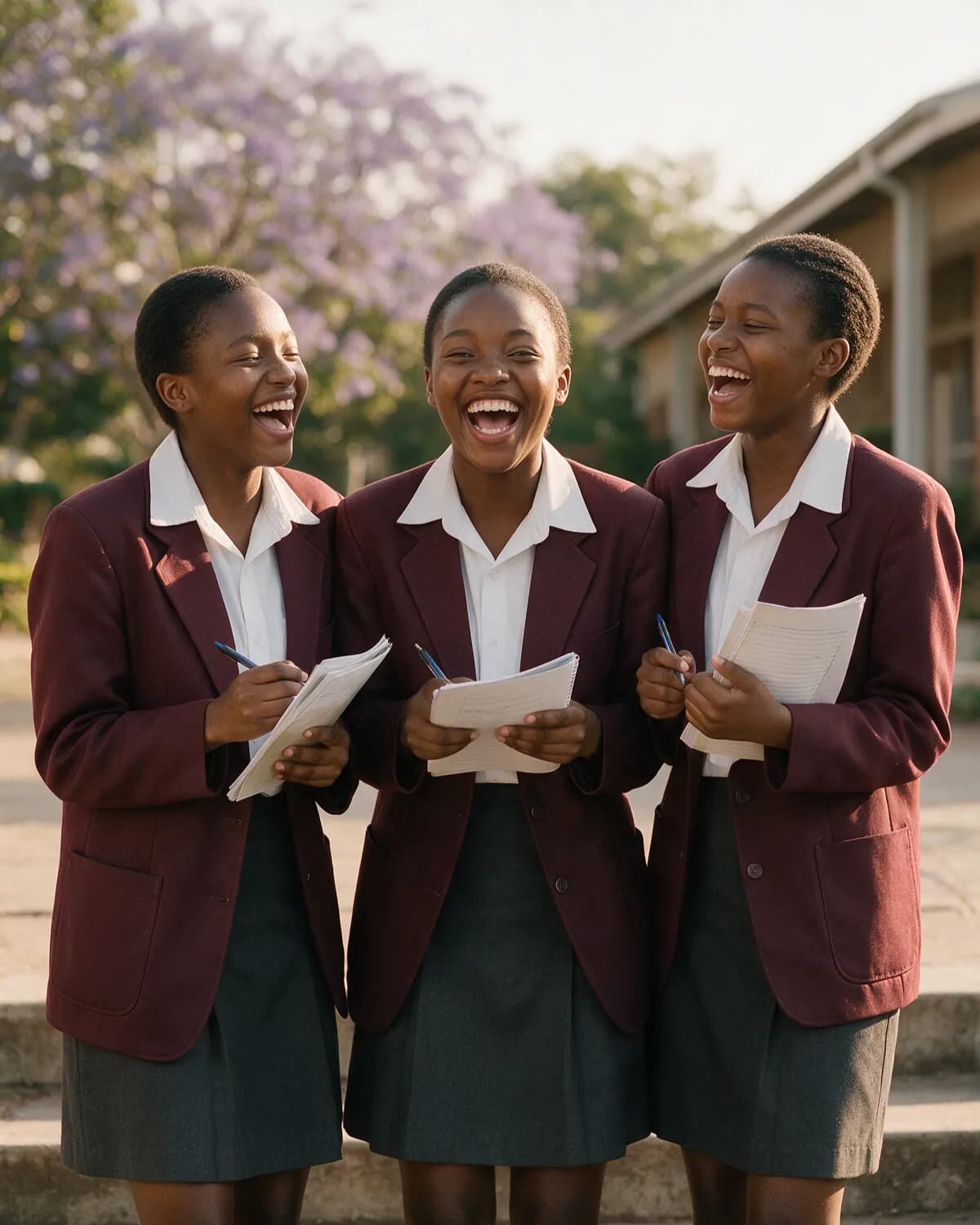 Mwila laughing with two classmates on the school steps