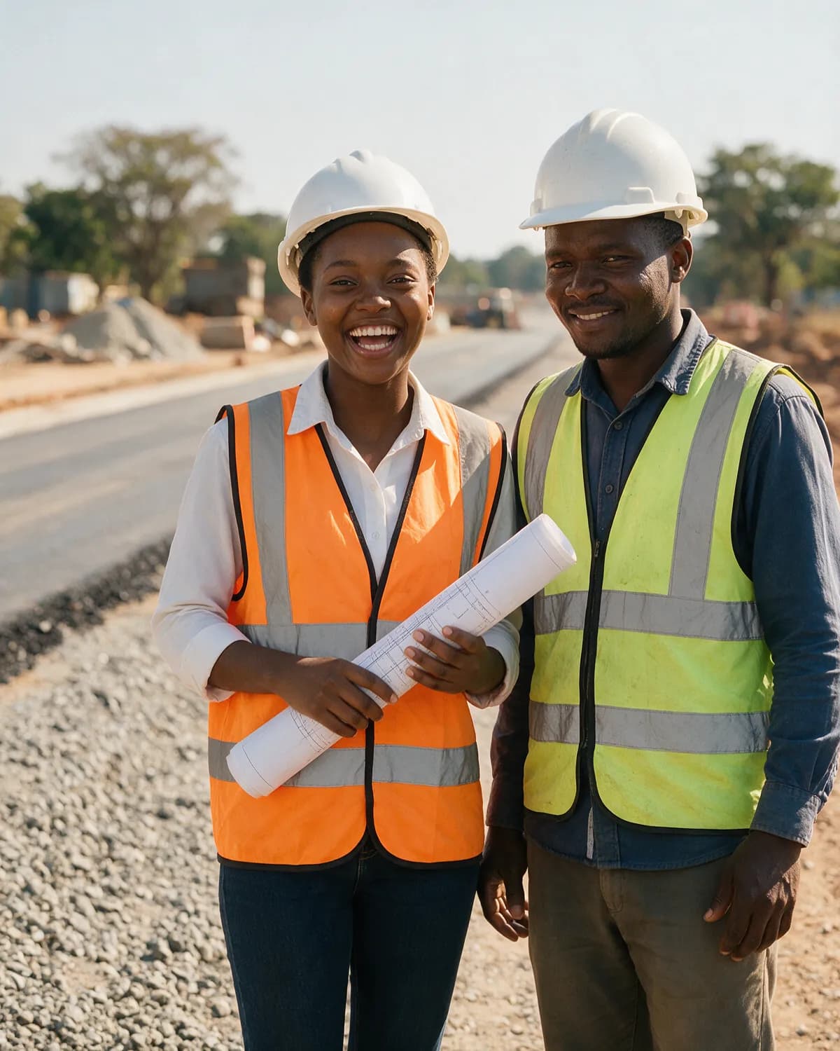 Mwila in a hard hat and safety vest beside her mentor on a road site