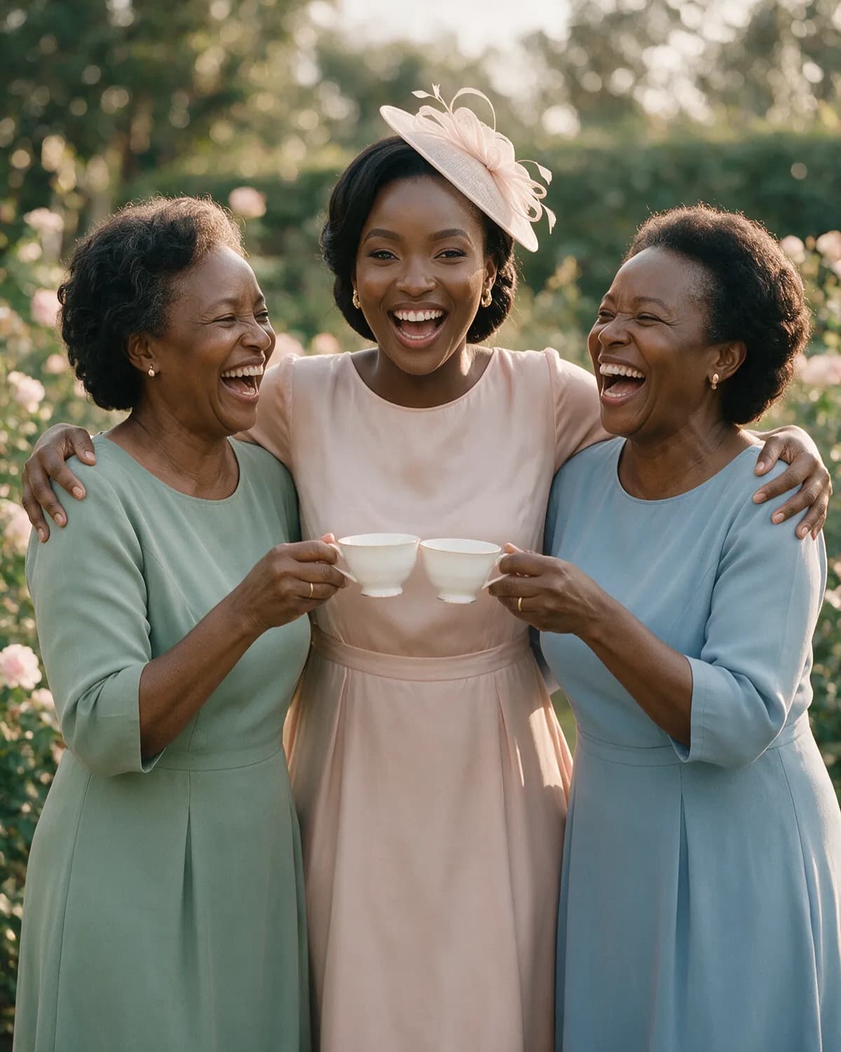 Malumbo and her two aunties raising their teacups together in the garden