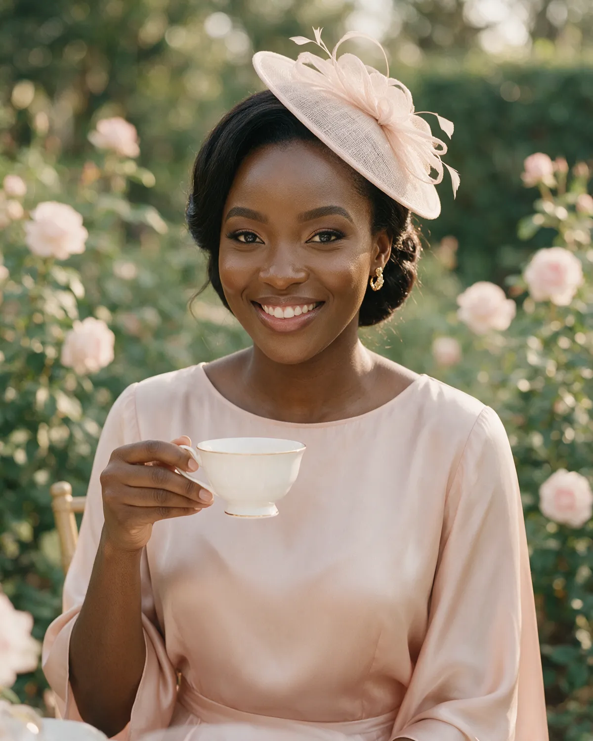 Malumbo in blush pink, smiling over a porcelain teacup in a rose garden