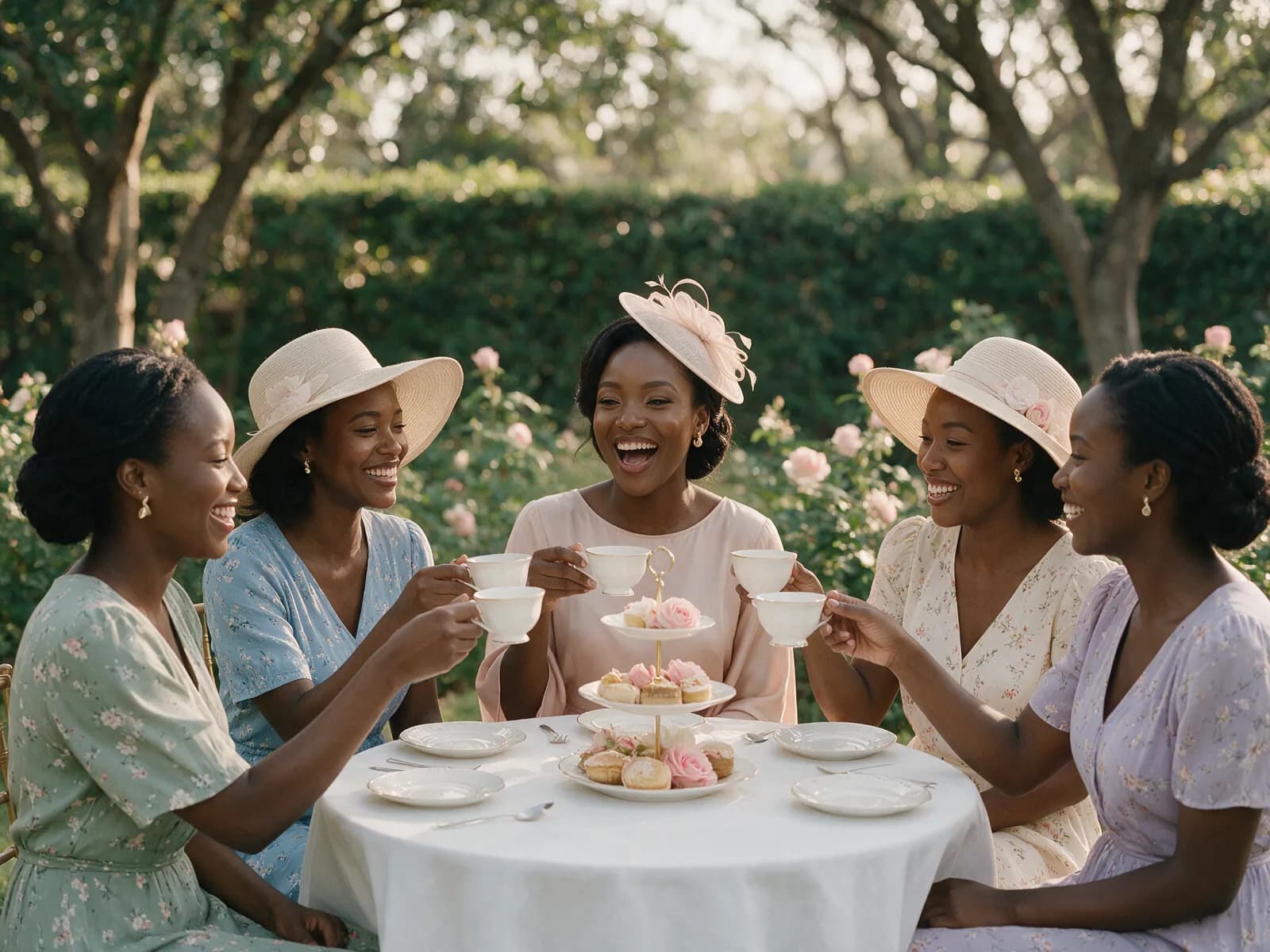 Malumbo laughing with her friends round a high tea table under the trees