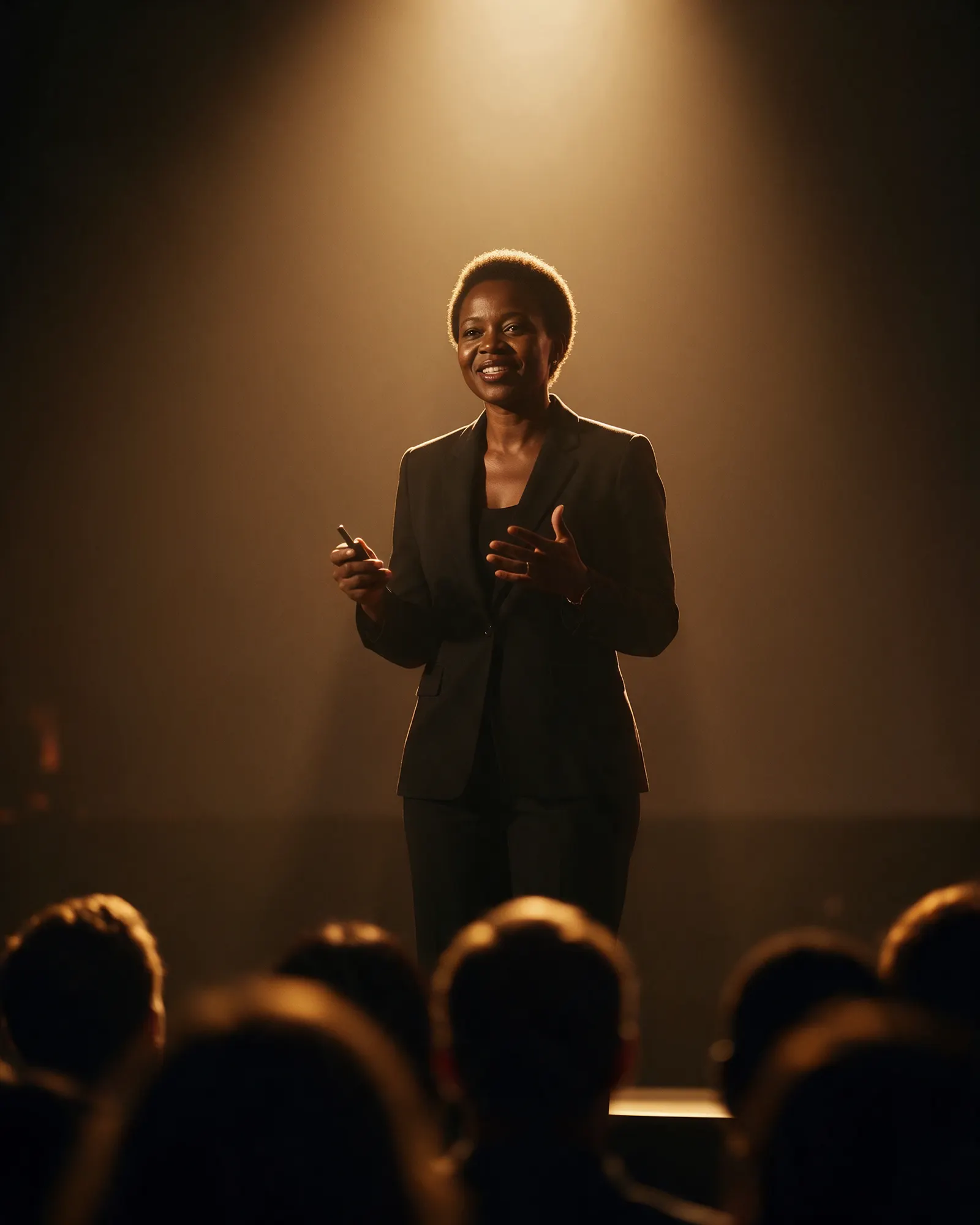 Natasha Mwansa speaking on a dark stage under a single spotlight, the audience in silhouette