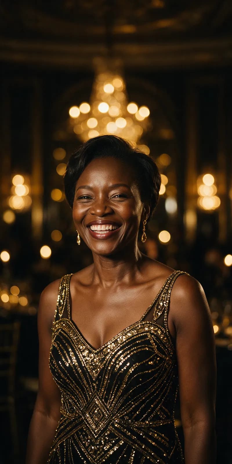 Nalukui in a gold beaded gown, laughing