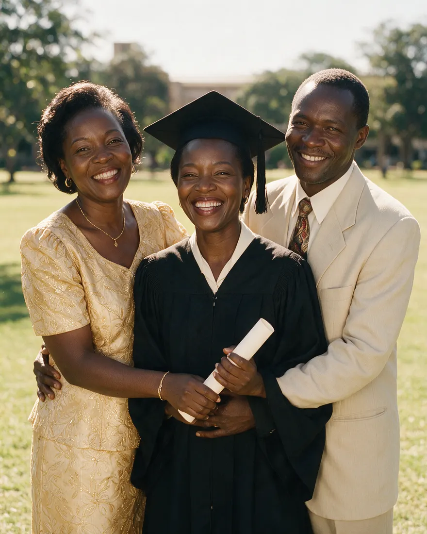 Cap, gown and two proud parents