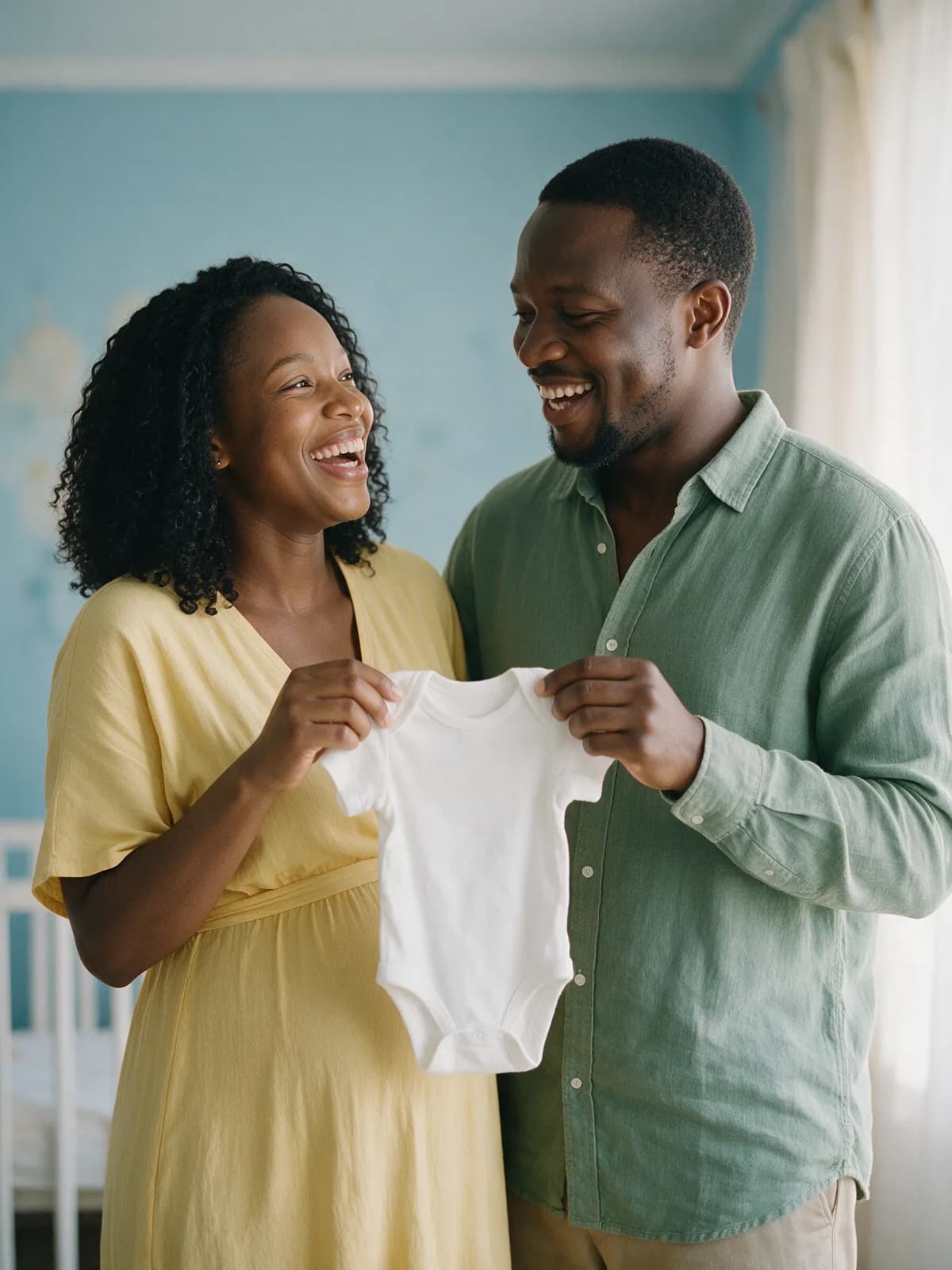 Thandiwe and Mwila holding up a tiny white onesie
