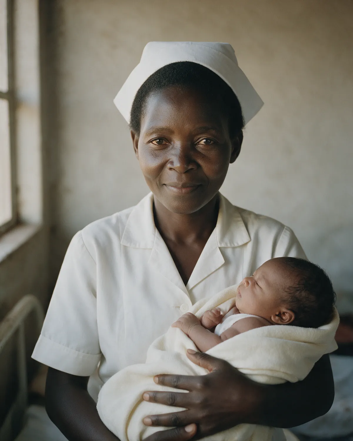 Bubile in her midwife’s uniform, holding a newborn