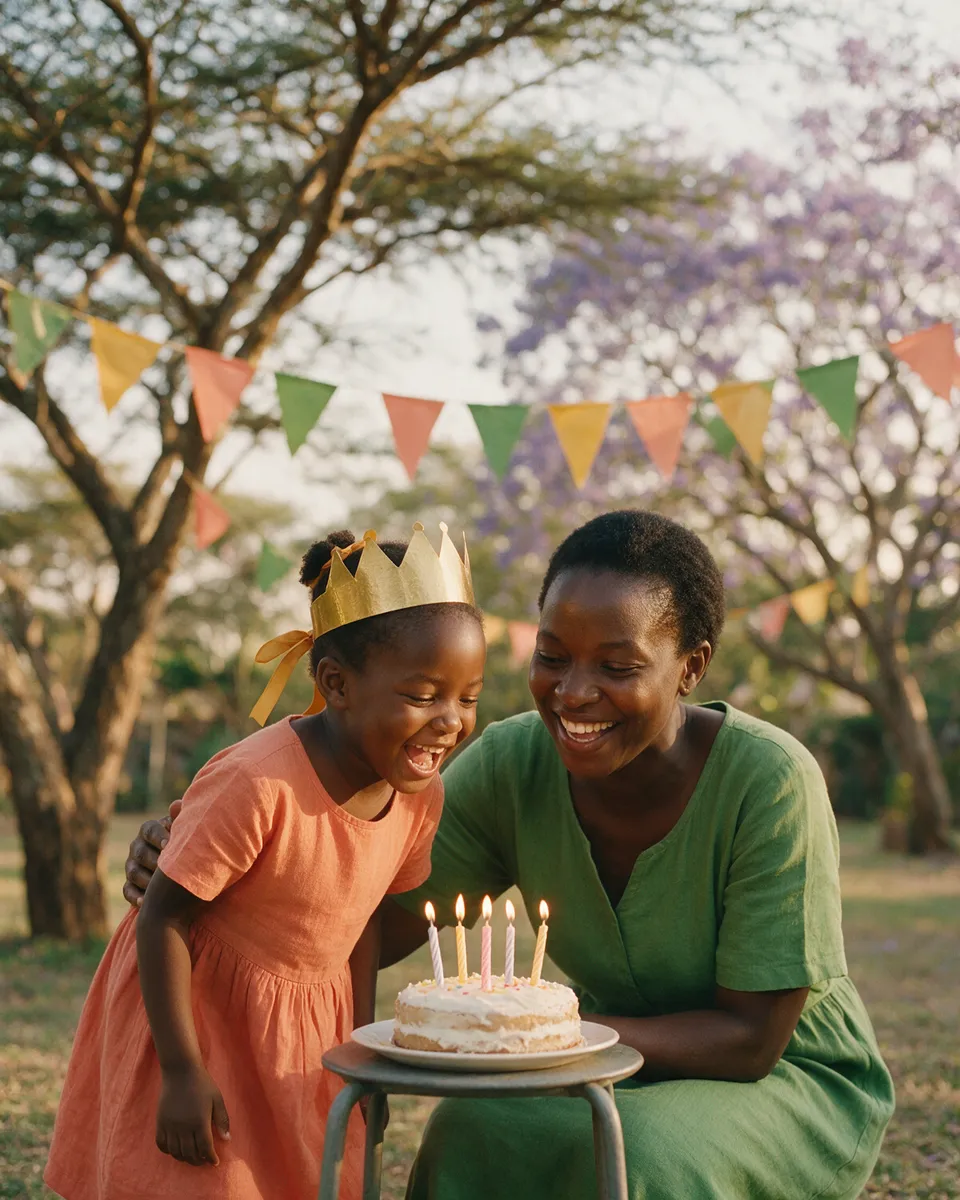 Chisomo and her mother laughing over a birthday cake